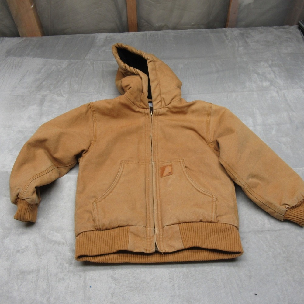 Carhartt Jacket Kids XXS Brown Canvas Hood Insulated Outdoor Winter WARM Canvas